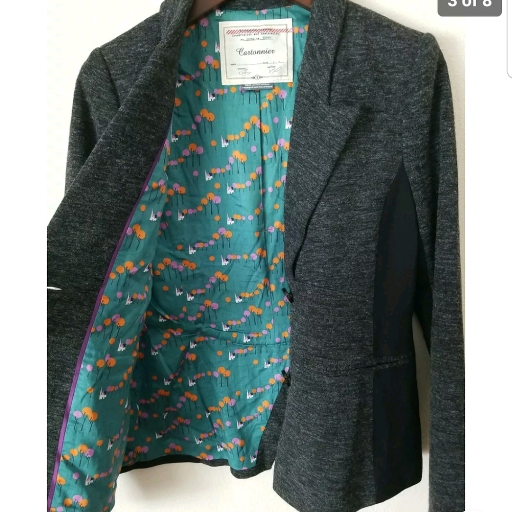 Anthropologie Charcoal Gray Blazer with Teal Floral Lining